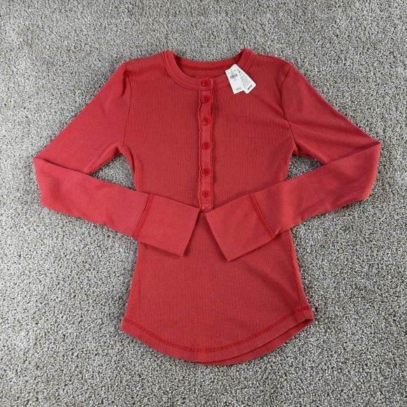 aerie Tops - Aerie Shirt Womens Large Red Ribbed Henley Long Sleeve Stretch Knit Basic Top